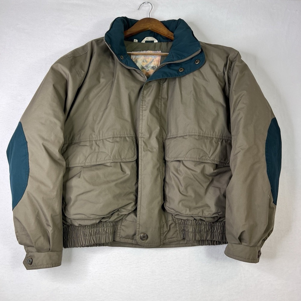 Vintage Members Only Down Jacket Mens Beige Hood Puffer Bomber Goose Down Size L
